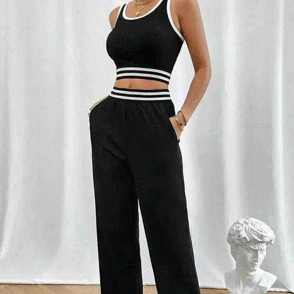 Black Casual Women's Contrast Binding Crop Tank Top & Pants - Picture 1 of 6